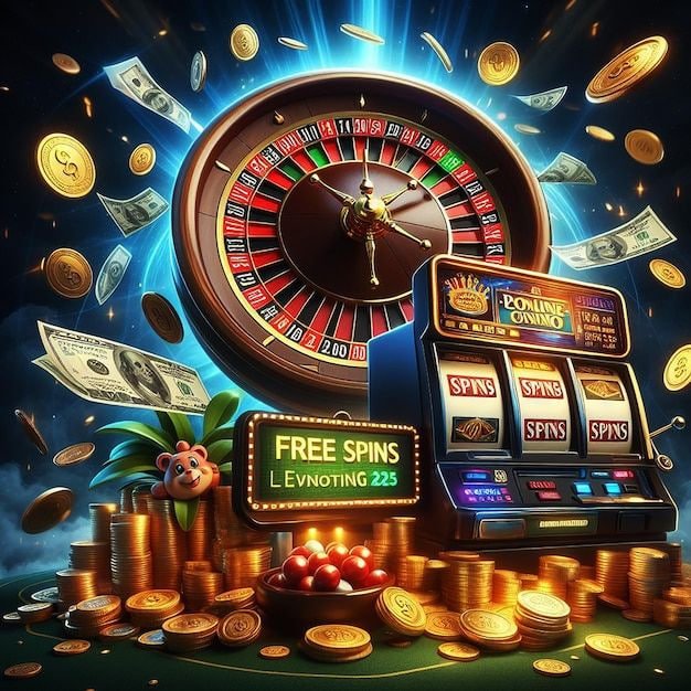 Push Gaming slot interface showing colorful reels and spin button